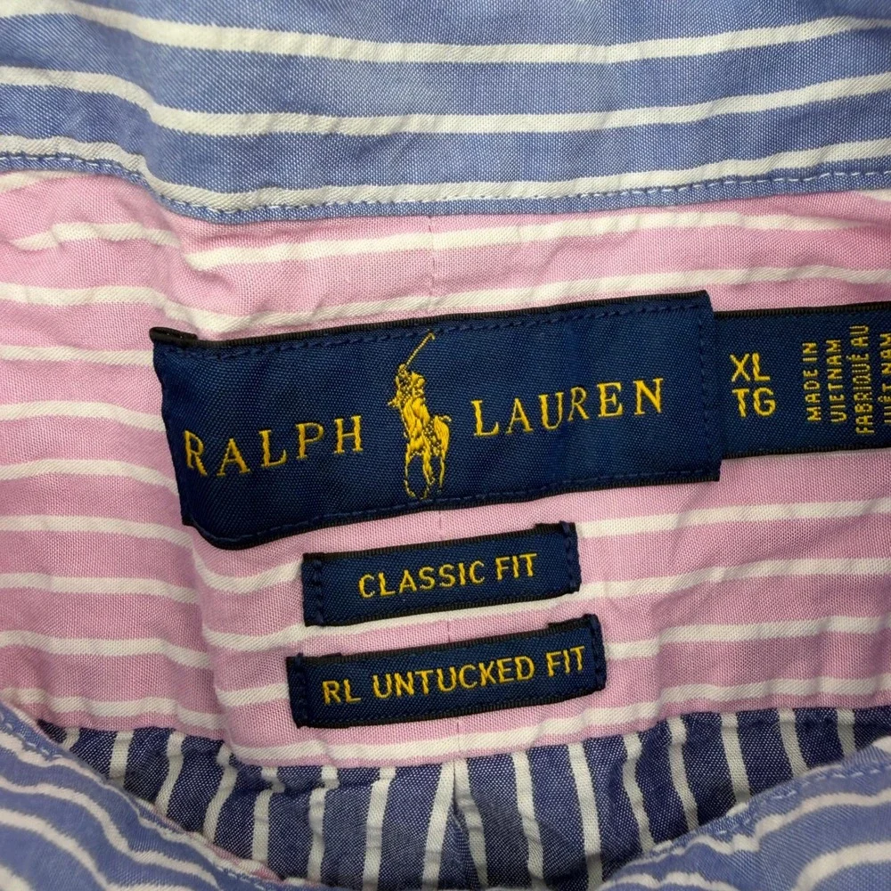 Polo Ralph Lauren Button Down XL Blue Pink Striped Colorblock Seersucker Shirt